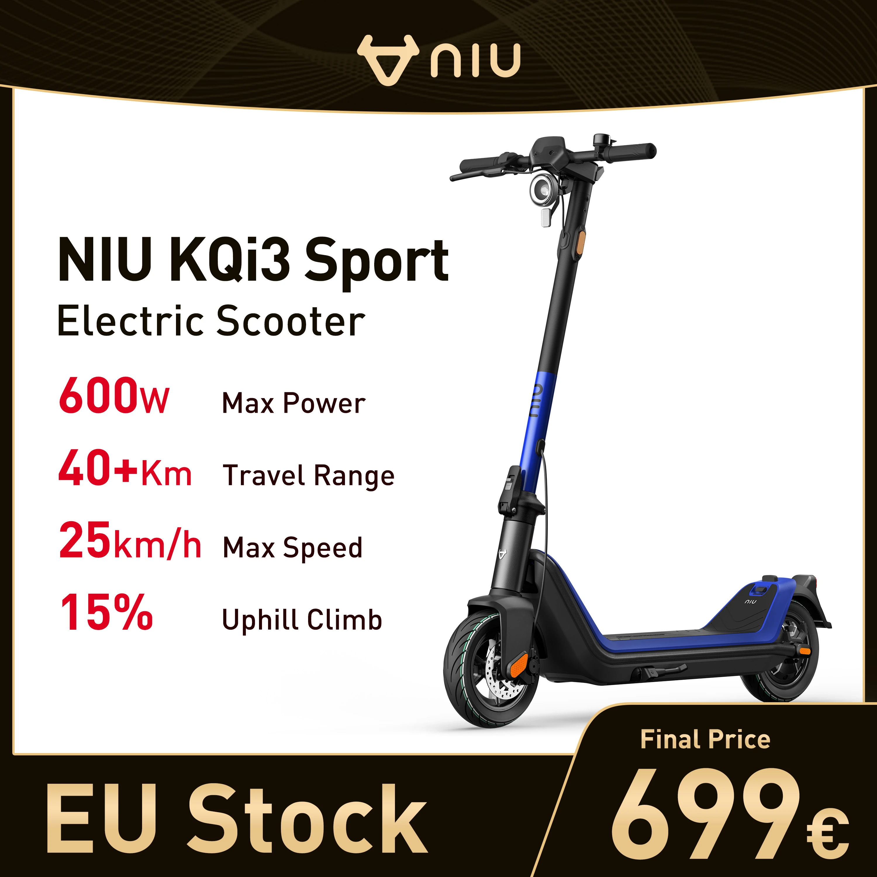NIU KQi3 Sport Electric Kick Scooter for Audlts 40km Range 25km/h Max Speed Wide Deck Scooter