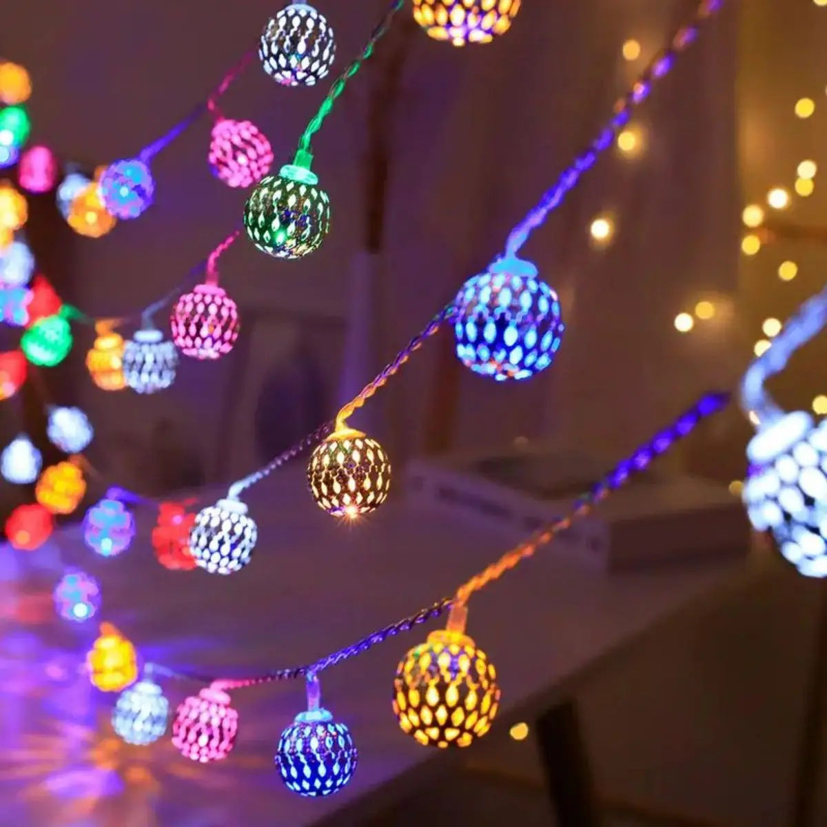 LED String Lights Decorative Lights String Lights LED Fairy Lights 1 Set Metal String Lights Moroccan Ball Lamp String Yard Light Spring Gift-NOT INCLUDED BATTERIES Holiday Accessory