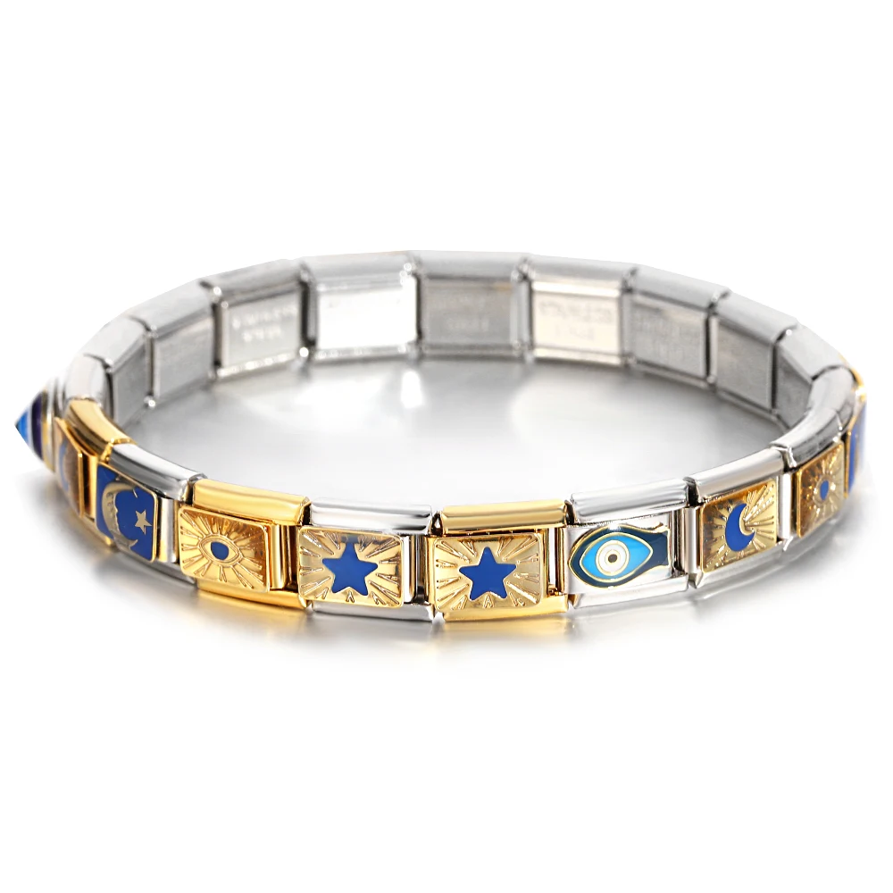 Trendy Stars Moon Sun Blue Lucky Eyes Italian Charm Links DIY Stainless Steel Chain Bracelet For Women Men Jewelry Making Gift 2