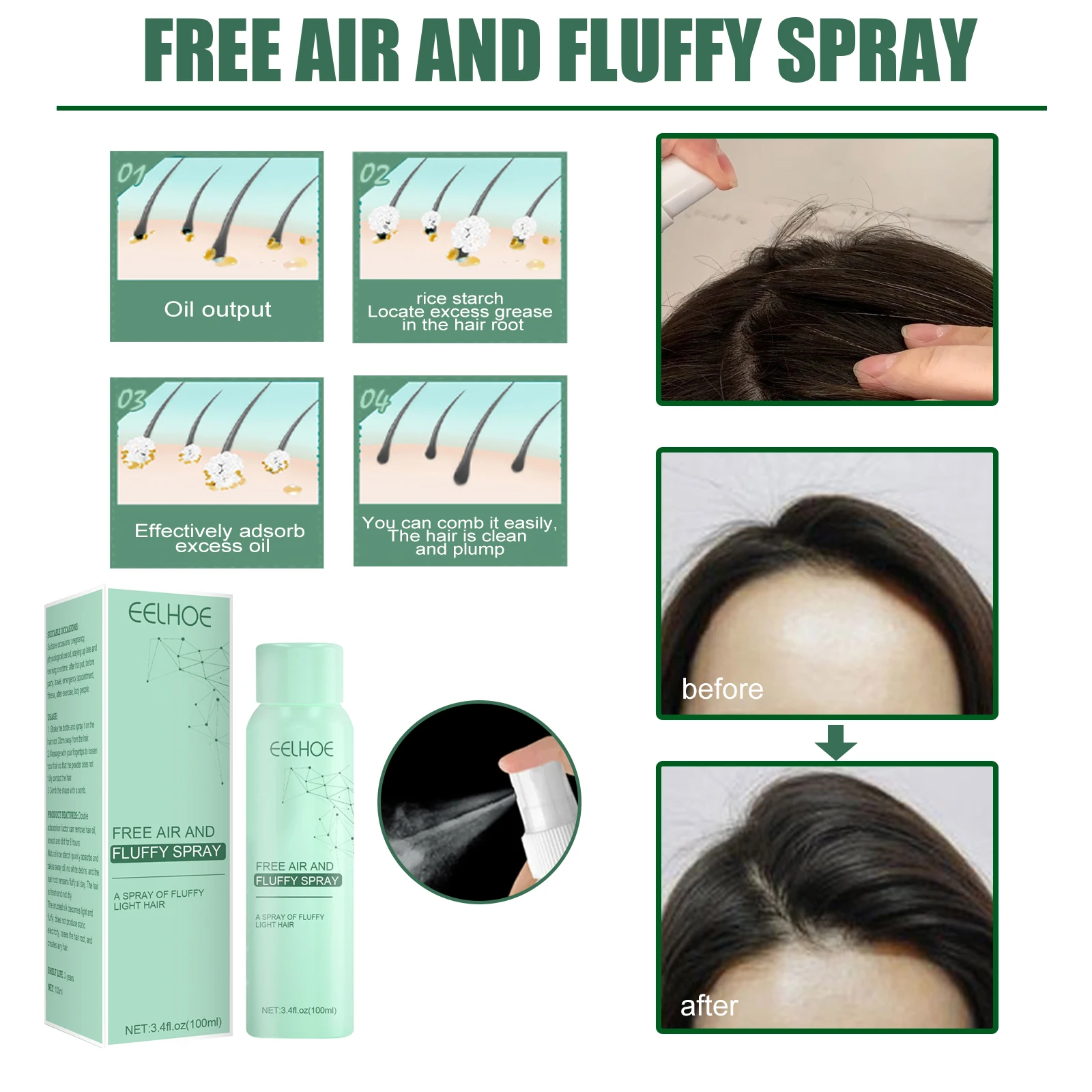 Shampoo senza lavaggio Free Air e Fluffy Spray per capelli Spray rinfrescante per capelli Controllo dell'olio Shampoo per capelli secchi Spray volumizzante per capelli soffici_voghion.com