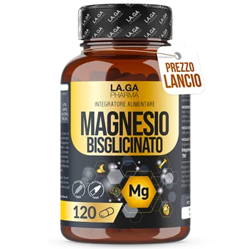 MAGNESIO BISGLICINATO (Fornitura Fino a 4 Mesi), Magnesio Completo 120 Capsule con Vitamine B5, B6 e B1. Integratore Stanchezza e Stress. Senza Glutine e Senza Lattosio, Made In Italy. LAGA PHARMA