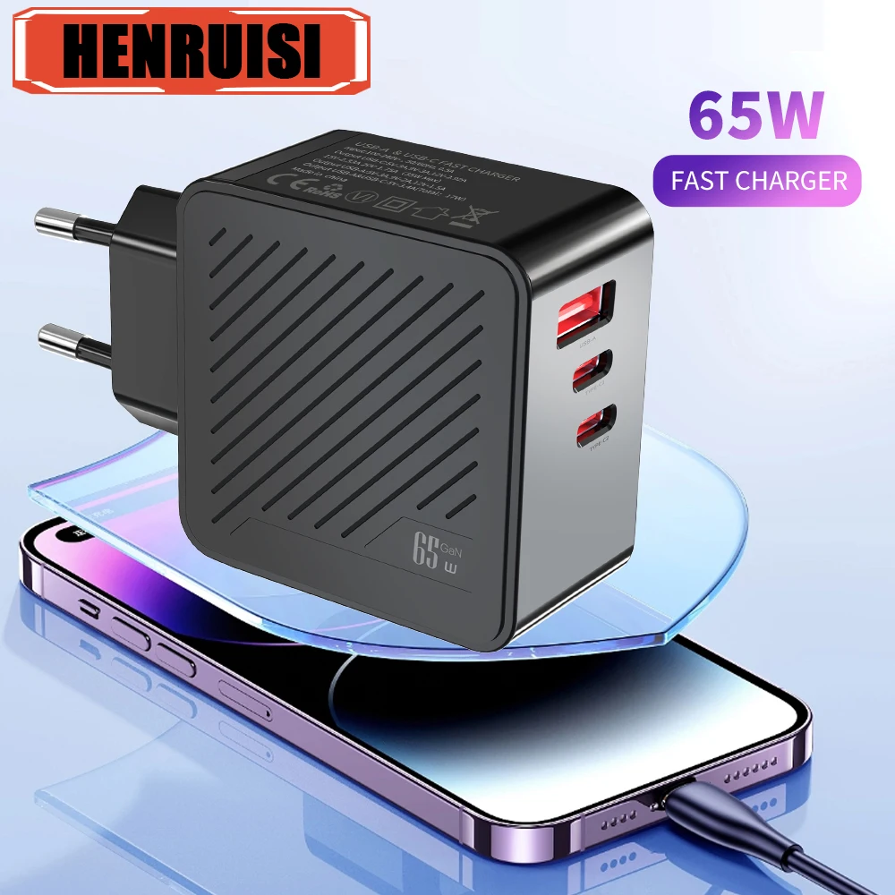 

GaN 65W USB C Charger 2 Ports Type C Charging Charge QC 3.0 For Xiaomi 13 10 IPhone 13 14 15 Samsung Huawei P60 Quick Charging