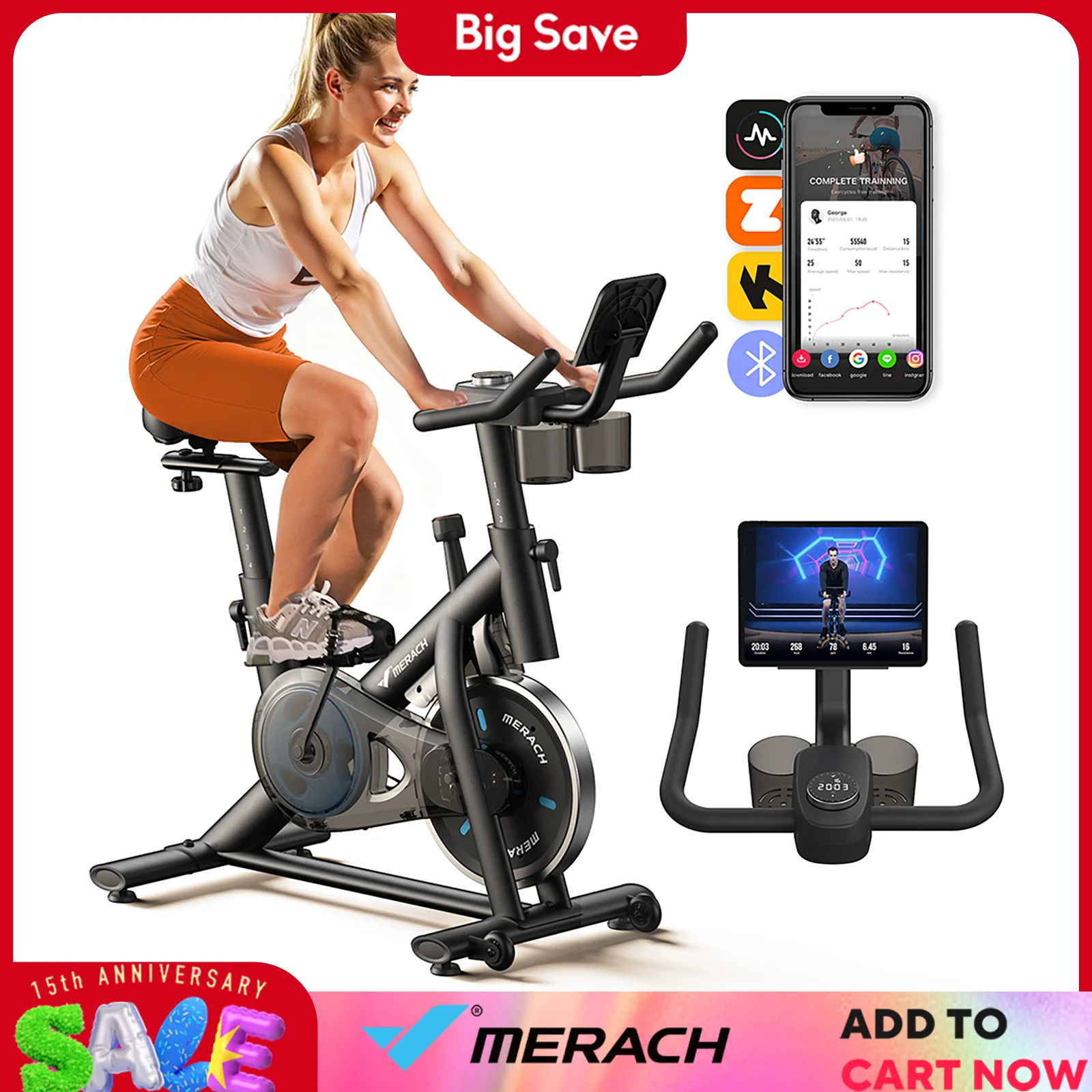 MERACH Exercise Bike Brake Pad Stationary Bike Low Noise Indoor Cycling 270lbs Weight Capacity Tablet Mount Fitness Courses