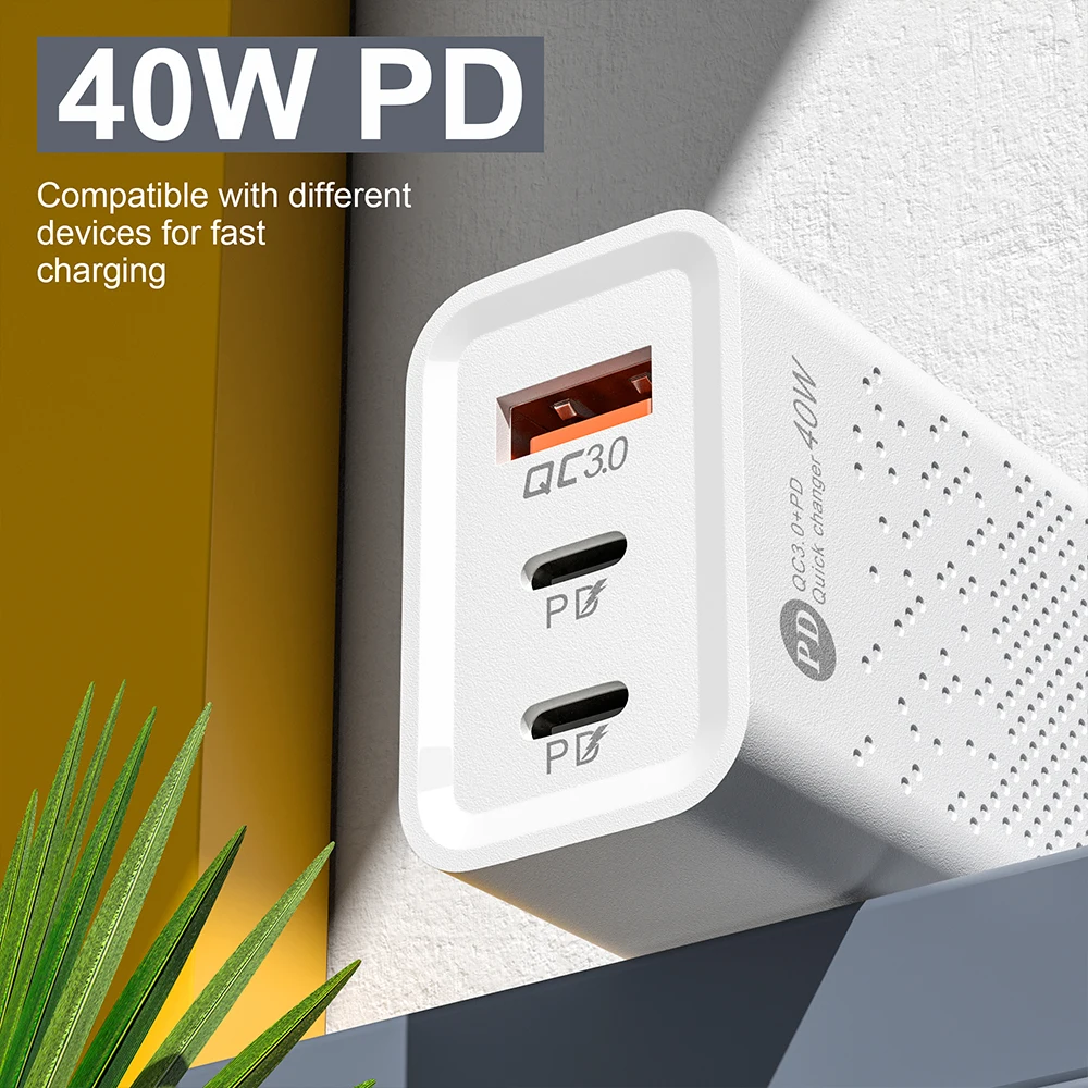 60W USB C Charger Fast Charging Charger 3Ports PD 40W Type C Mobile Phone Charger Power Adapter for Samsung Xiaomi iPhone QC3.0