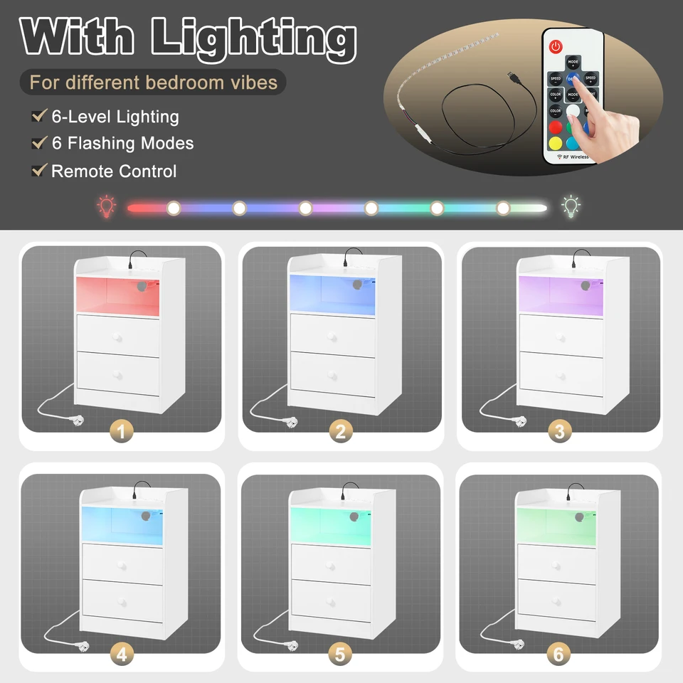 MUTUN Comodino Con Luci LED E Ricarica, 5 Cassetti In Tessuto E Ripiano Aperto, Con Presa E Porte USB/Tipo-C, Nero, 29x41x97 Cm - 4