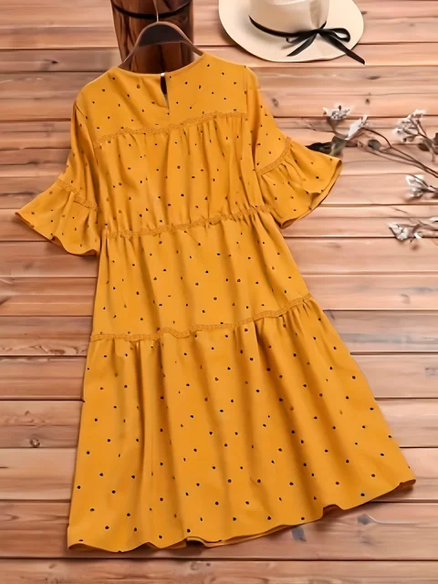 Plus size women's summer fresh pastoral style, small polka dot drawstring fashion simple elegant intellectual round neck dress。