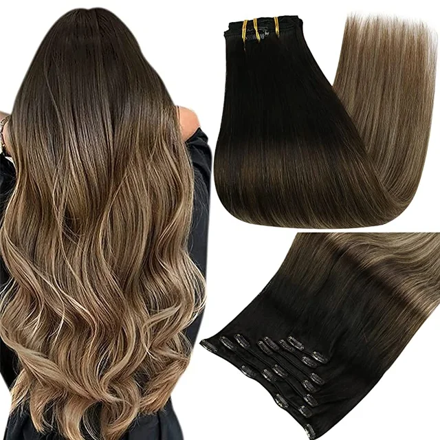 Full Shine Clip In Human Hair Extensions Balayage Ombre Blonde Black Hairpins 7pcs 120g Double Weft 100% Machine Remy For Woman 1B 6 27