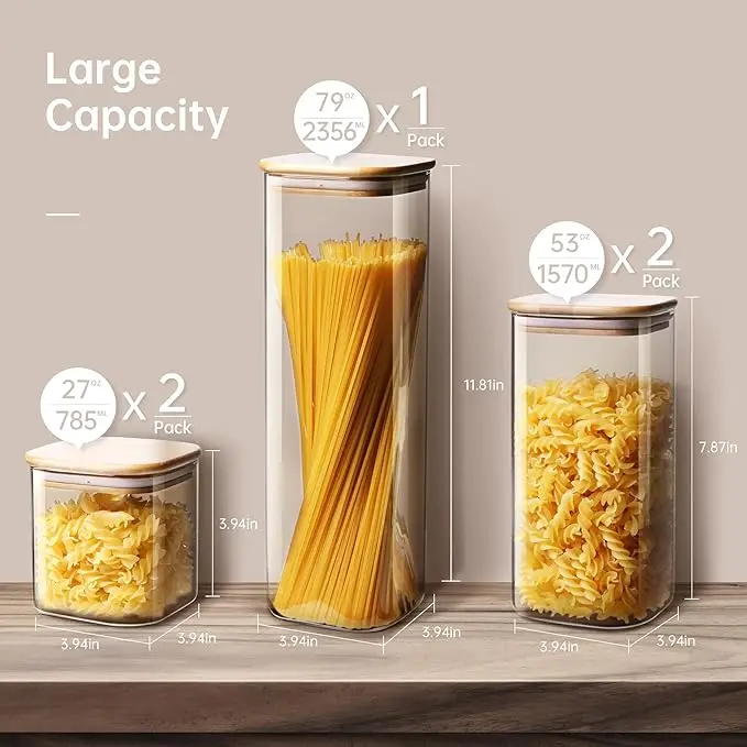 5-Piece Square Glass Canister Set - Bamboo Airtight Lids for Pasta/Cereal/Flour (Multi-Size Pantry Storage) 2