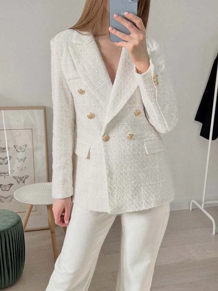 Double Breasted White Cream Tweed Blazer With Gold Buttons Coat Slim Fit  Jacket