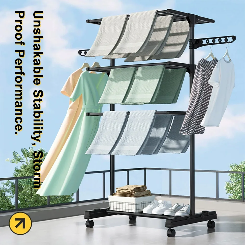 Multi-function Folding Clothes Drying Rack Floor-standing Movable 4-Tier Adjustable Clothes Hanger with Shoe Rack for Indoor Outdoor Balcony