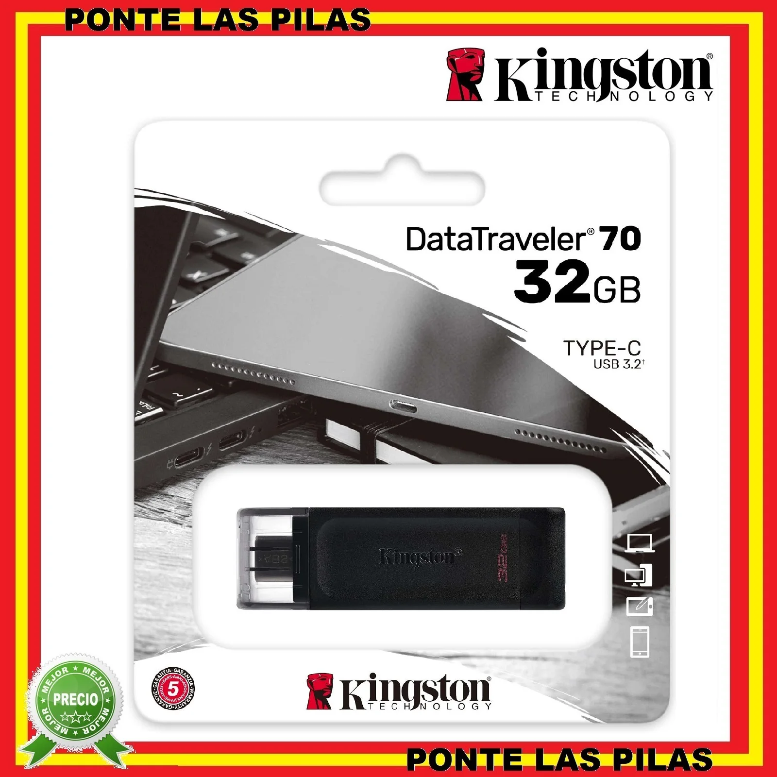 Kingston Pendrive 32Gb 64Gb 128Gb Usb-C Datatraveler Dt70-Memoria Flash Drive Originale Archiviazione Nera Tablet Pc Portatile