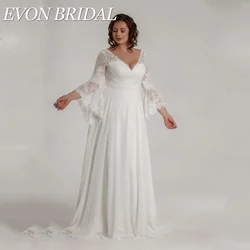 EVON BRIDAL Civil Wedding Dresses Plus Size Women V-Neck 3/4 Sleeves Lace Bride Gowns A-Line Chiffon vestidos novias boda