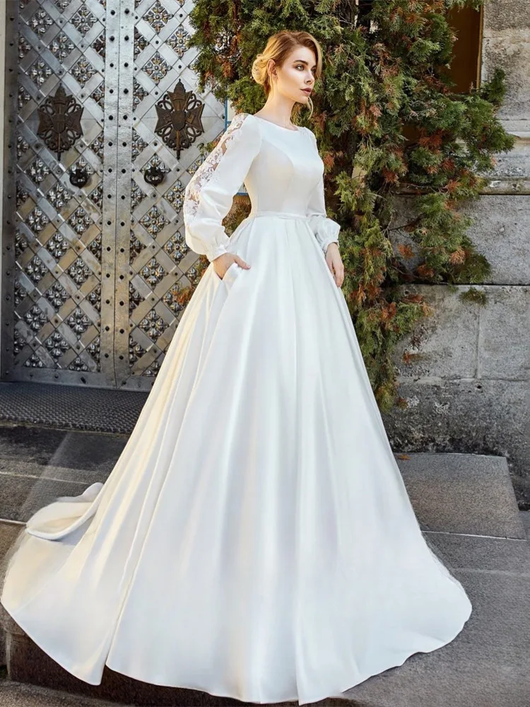 Princess A-line Wedding Dress Full Puff Sleeve Applique O-neck Satin Bridal  Gown