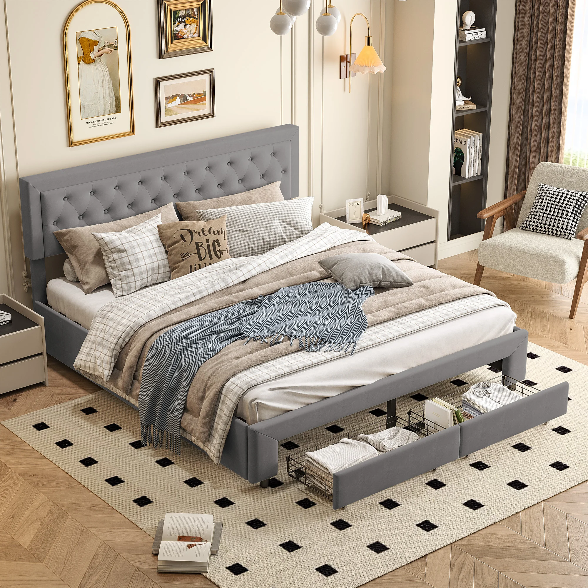 Rosahqnda Bett mit Stauraum, 160–180 x 200 cm, mit Schubladen gepolstert, Doppelbett, hydraulisches Bett, Jugendbett, Wohnungsbett, Samt, Beige/Grau – Detail 9
