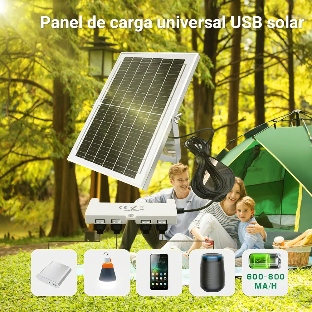 Panel Solar Monocristalino Compacto 8/10 W 6 V Carga De Dispositivos USB Cuatro Puertos 600-800 mA Por Hora Cable De 4.8 M