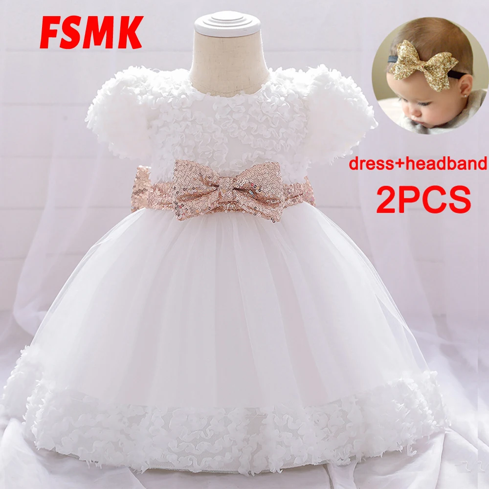 2022 White Sequin Baby Girl Dress First Birthday Dress For Girl