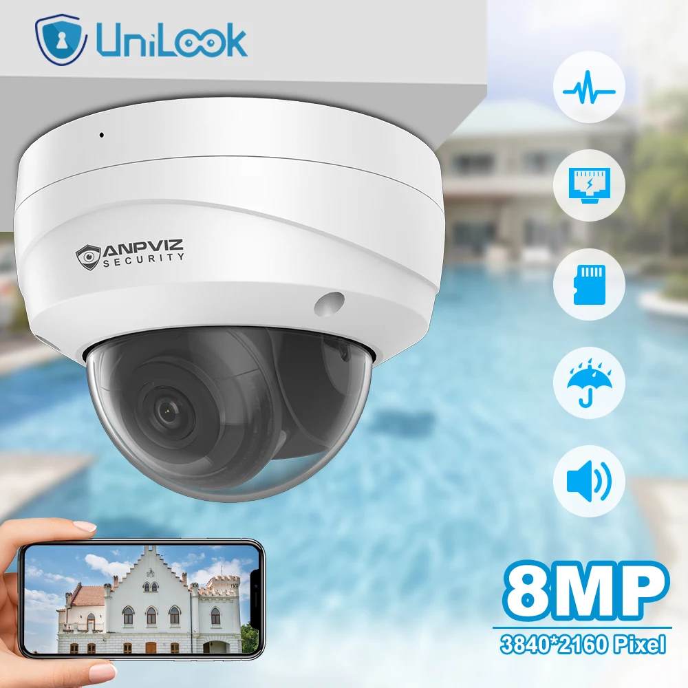 

UniLook 4K 8MP IP Dome Camera Security PoE Outdoor Built-in Microphone IR Night Vision 30m Home CCTV Suirveillance Camera IP67