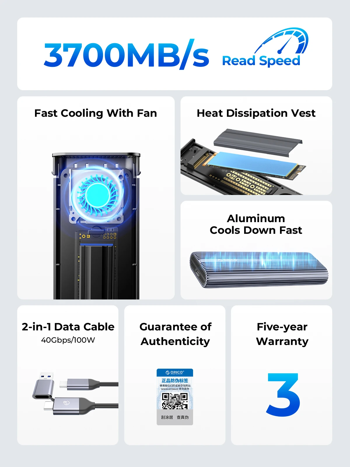 ORICO 팬텀 휴대용 외장 솔리드 스테이트 드라이브, C 타입 알루미늄 합금 PSSD 내장 냉각 선풍기, 3700 MB/s, 4TB, 2TB, 1TB