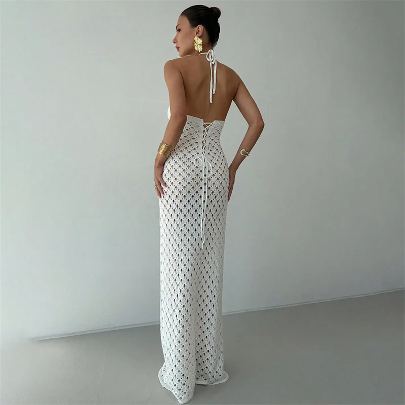 Women's Halter Neck Backless Lace-Up Long Slim Fit Knit Dress See-Through Crochet Beach Bikini Cover-Up Summer Swimwear 2