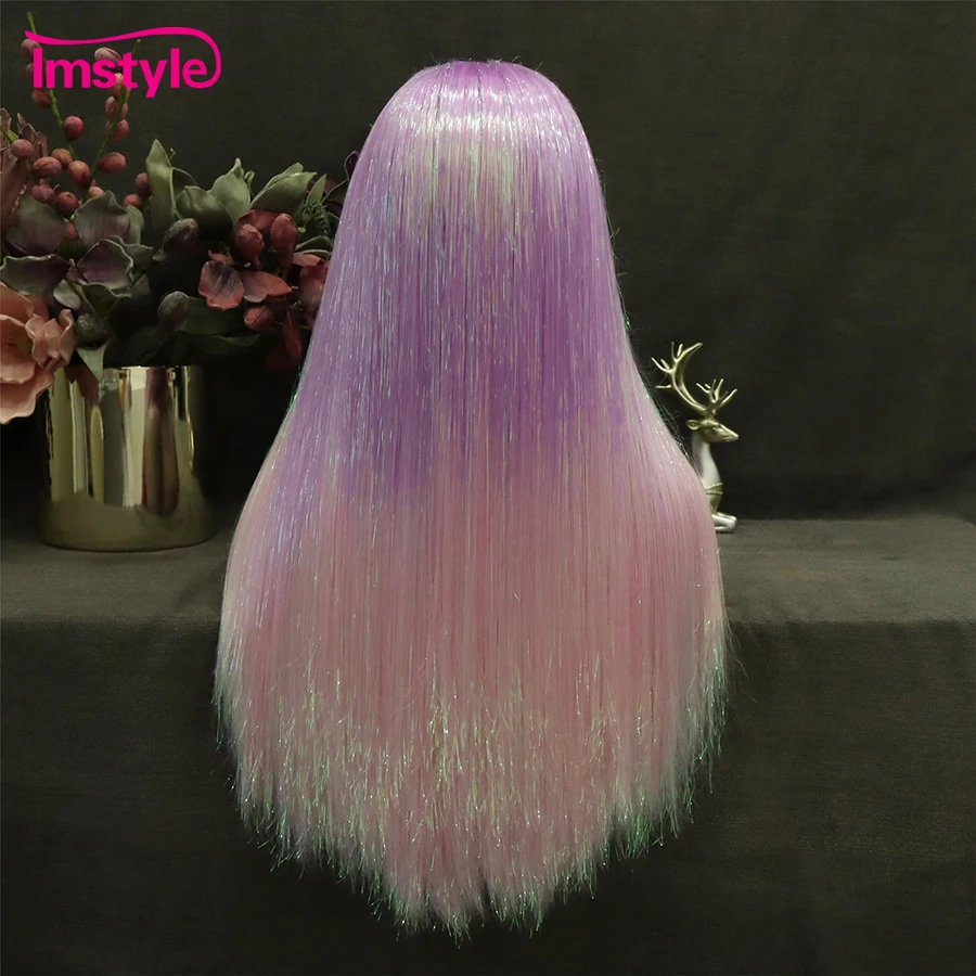 Imstyle Tinsel Lace Wig Pink Ombre Synthetic Lace Front Wig Long Straight Wigig Costume Party Wigs