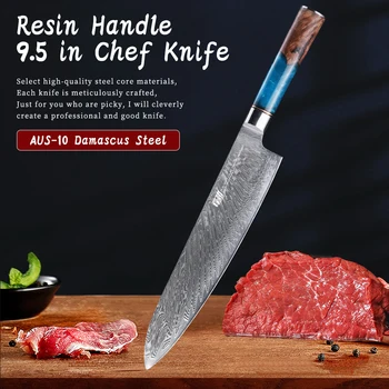 FINDKING Luxury Blue Resin Sapele Wood Handle 9.5 inch Gyuto Knife 67 Layers Damascus Steel Japanese Kitchen Chef Knife