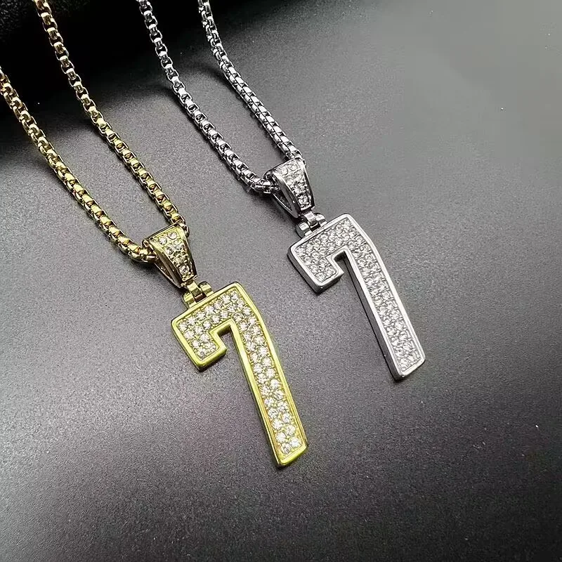 

Mysterious 7 figure seven European American hip hop plated real gold Cubic zirconia Lucky7 stainless steel necklace gift