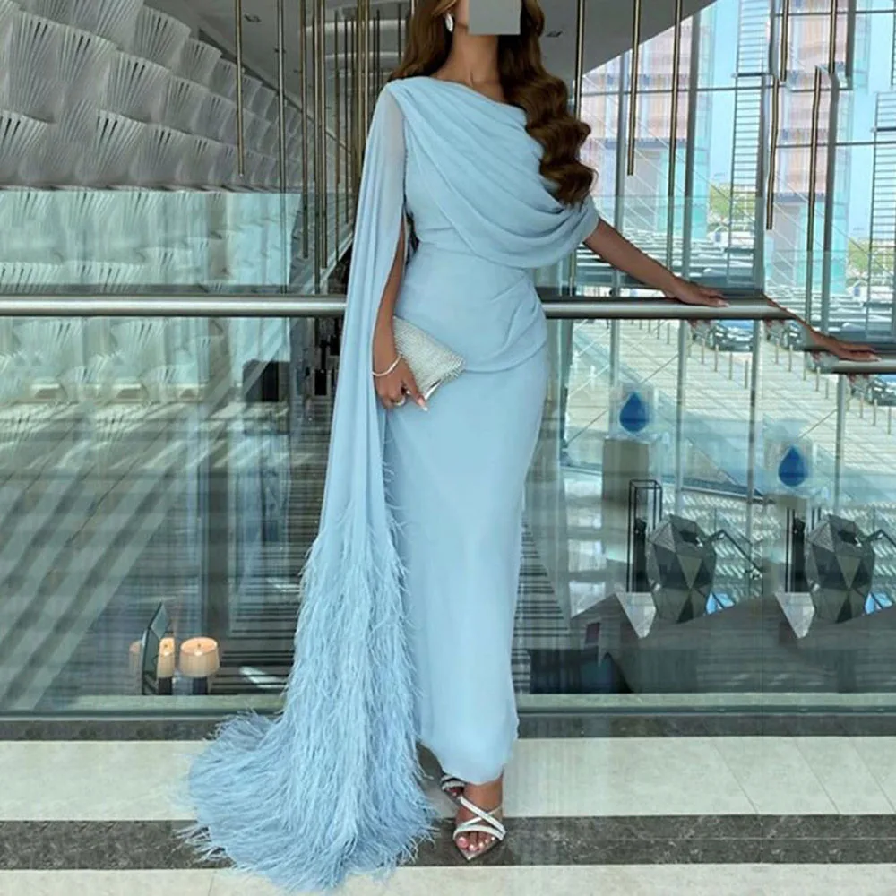 

Chiffon Long Formal Prom Dresses 2024 Cap Sleeves With Feather Draped Train Mermaid Evening Gowns Arabic Wedding Party Dress