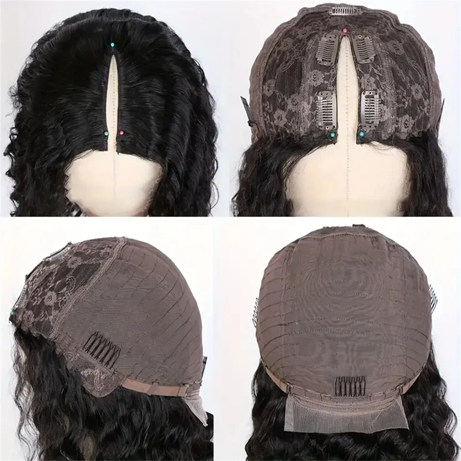Human Hair Wigs V Part Wig Water Wave Human Hair V Shape 180% Density Natural Color Part Wig Curly 18-32 Inch Brazilian Wigs Machine Made