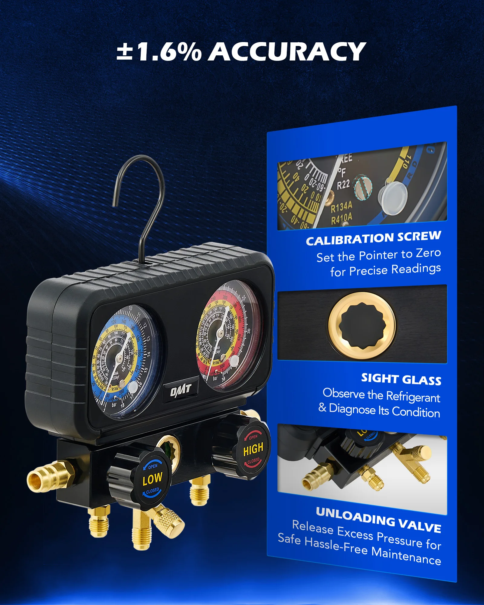 OMT AC Diagnostic Manifold Gauge Set & 4.5CFM Vacuum Pump Bundle - Professional HVAC Tools For R134a, R12, R22