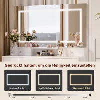 Белый туалетный столик с зеркалом, трехцветной LED-подсветкой, ящиками и полками, в комплекте с табуретом — изображение 4