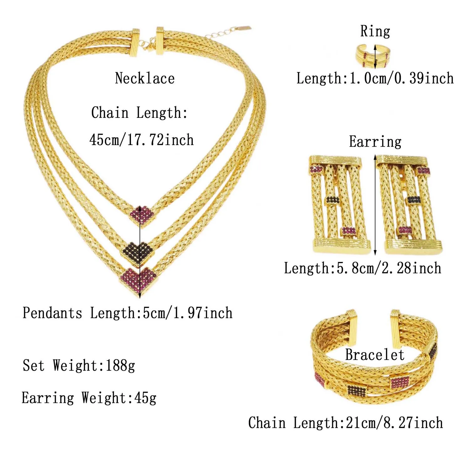 Gold Plating Jewelry 24k Original Women's Luxury Colorful Gold Plated Necklace Square Earrings Bracelet Luxury Wedding Bijoux - 2