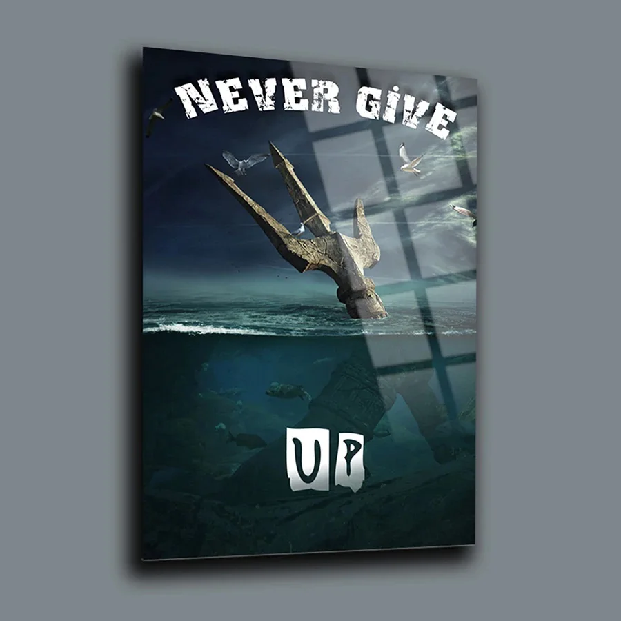 

Never Give Up Wall Decor, Glass Wall Art, Frameless Free Floating Tempered Glass Panel, Home Office Living Room Decoration,