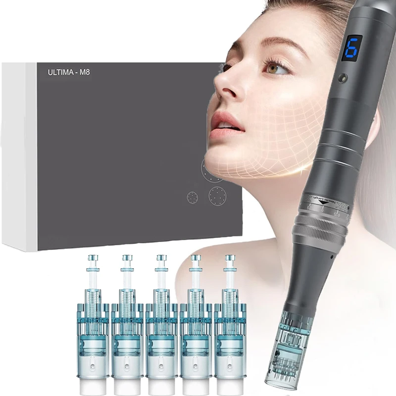Derma Pen M8 Professional Micro Pen, z 5 wymiennymi wkładami R-Nano 0,25 mm, ergonomiczny uchwyt do pielęgnacji domowej i_voghion.com