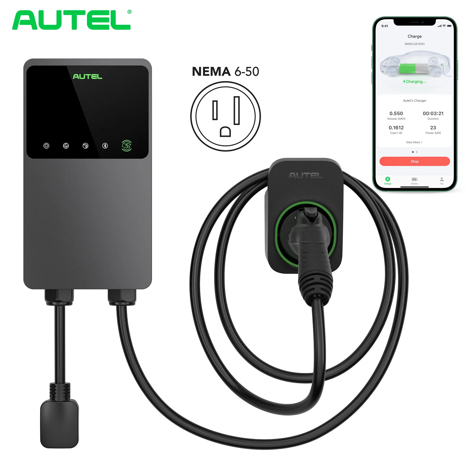 

Autel RFID WIFI Enable 40A 240V 10KW Smart EV Charger Level 2 for Home Type 1 J1772 Electric Vehicle Charging Station NEMA 6-50