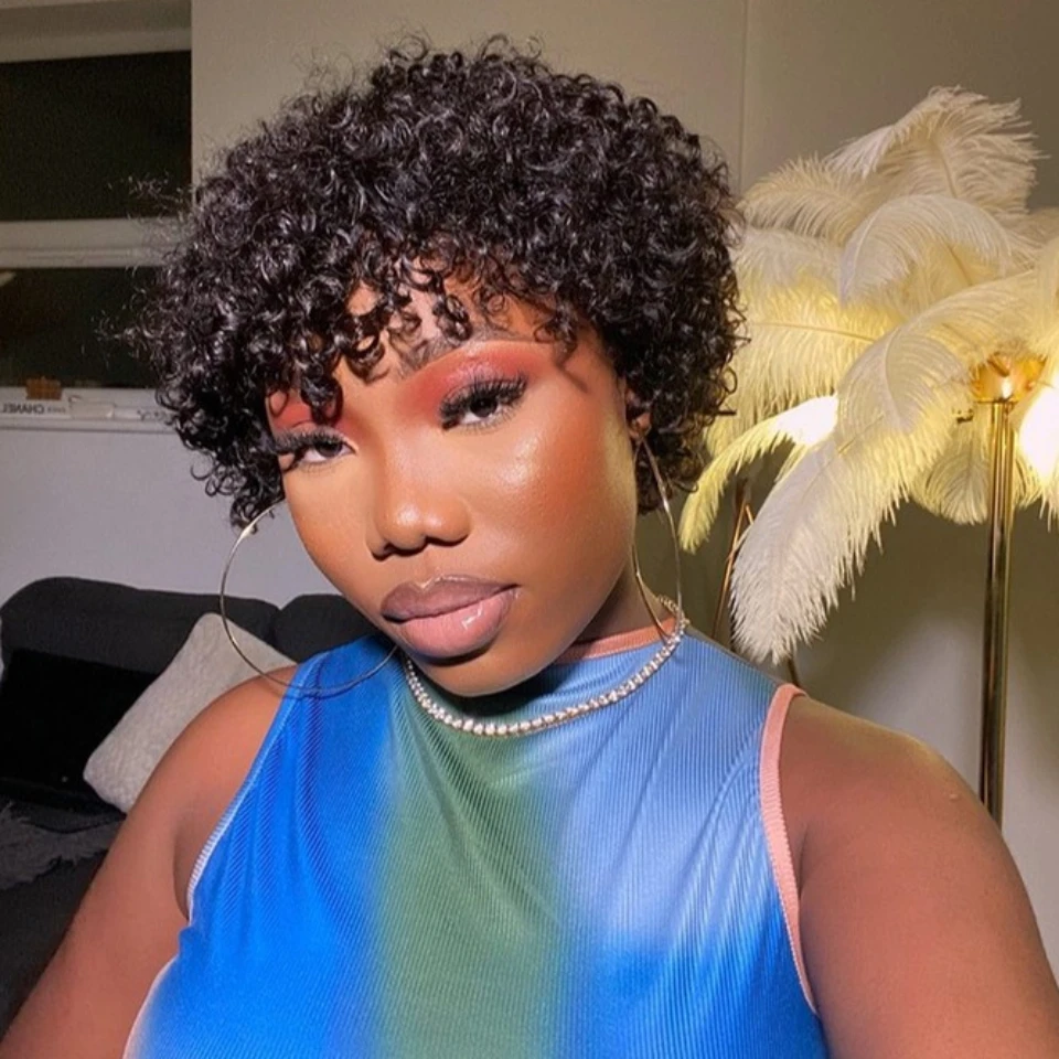Short Curly Human Hair Wig Full Machine Made Glueless Wig Human Hair Ready To Wear Without Glue Or Gel Kinky Curly Pixie Cut Wig