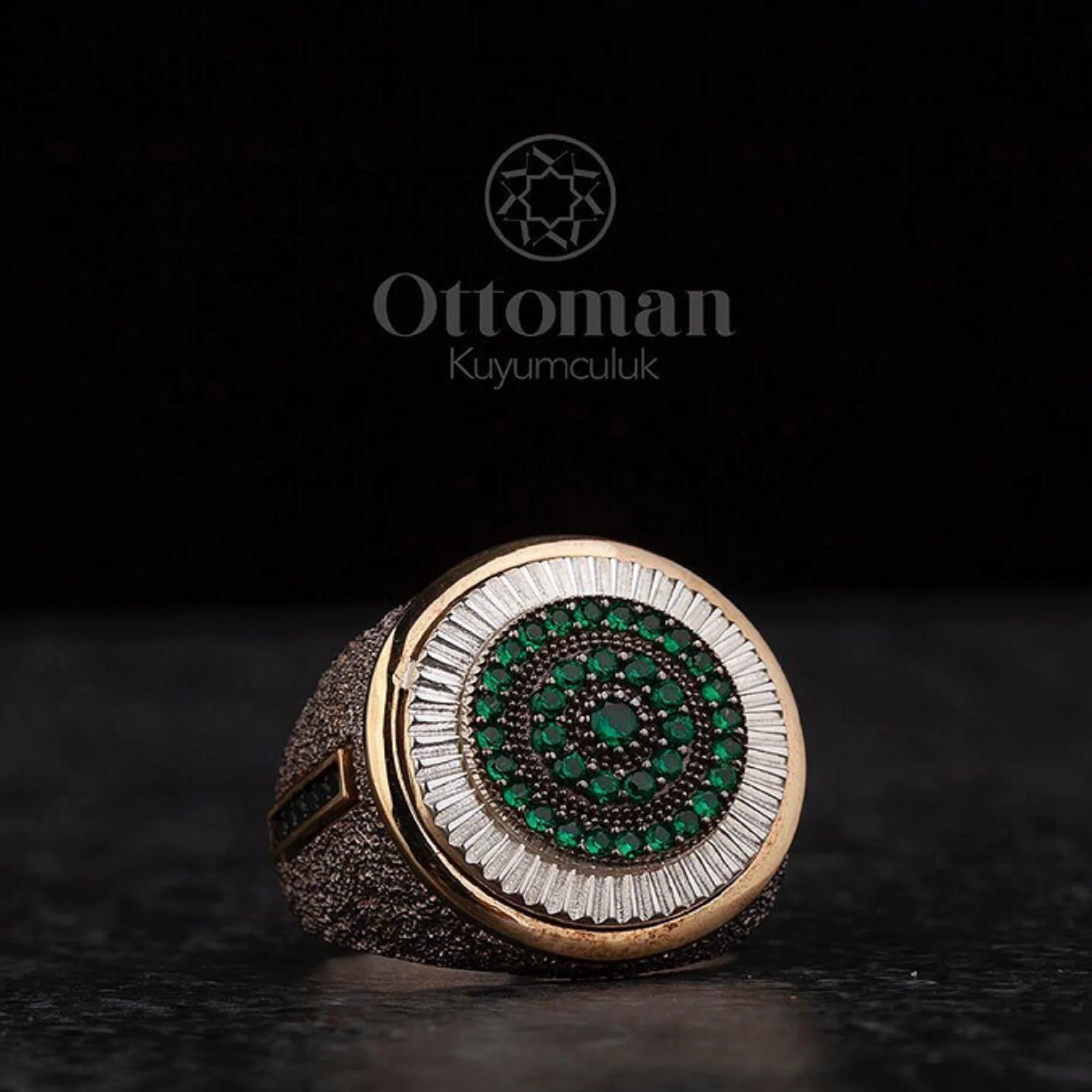 Ottoman Textured Pencil Green Our Silver Ring Model With Sandblasting Black Texture Applied Decorated With  GemStones Turkish