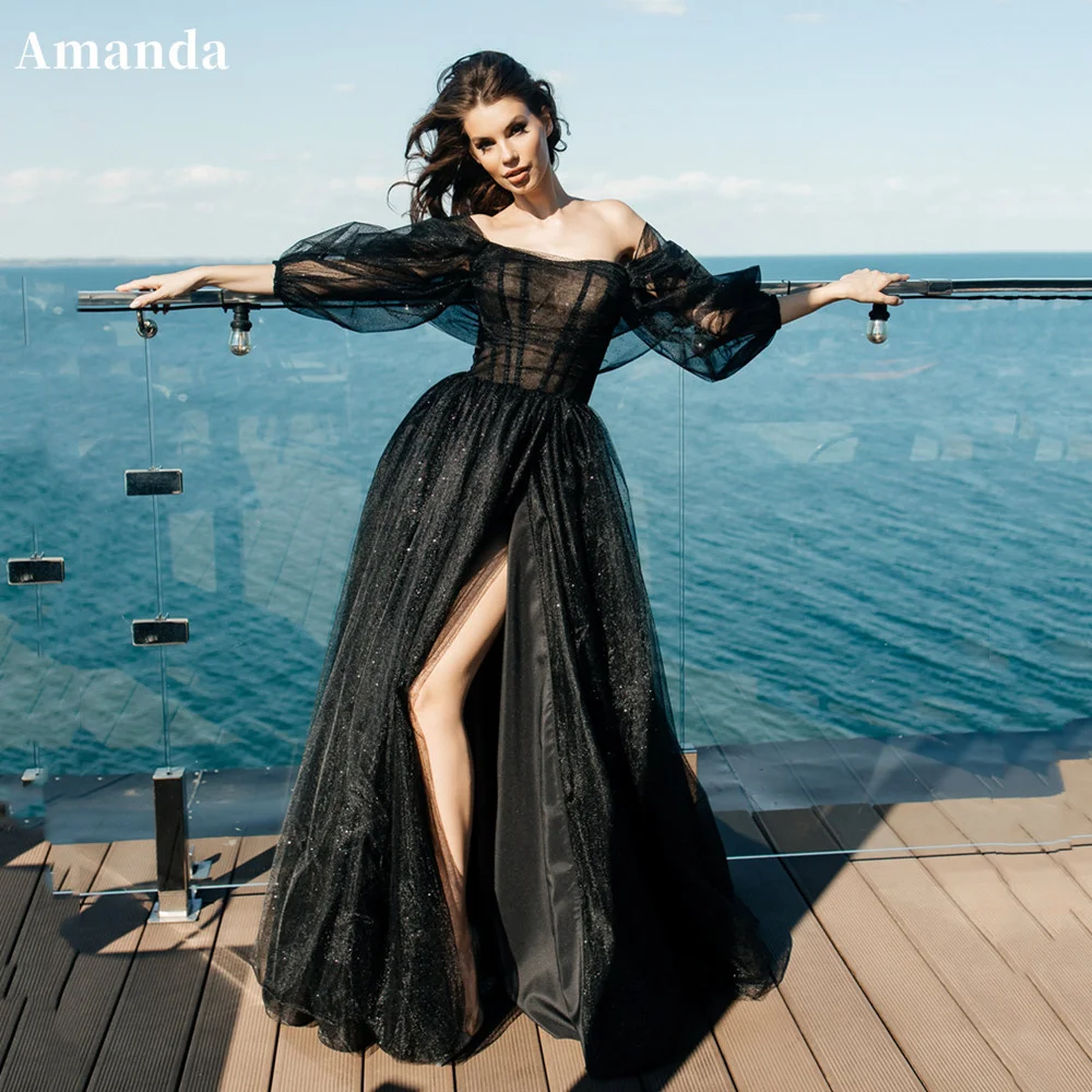 Amanda-Glitter-Black-Prom-Dress-Shiny-Puffy-Sleeve-Sexy-Side-Split ...