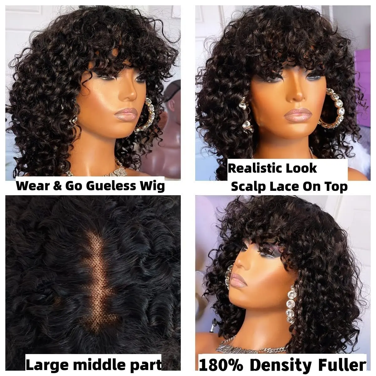 Glueless Kinky Curly Bangs Wig 180 Density