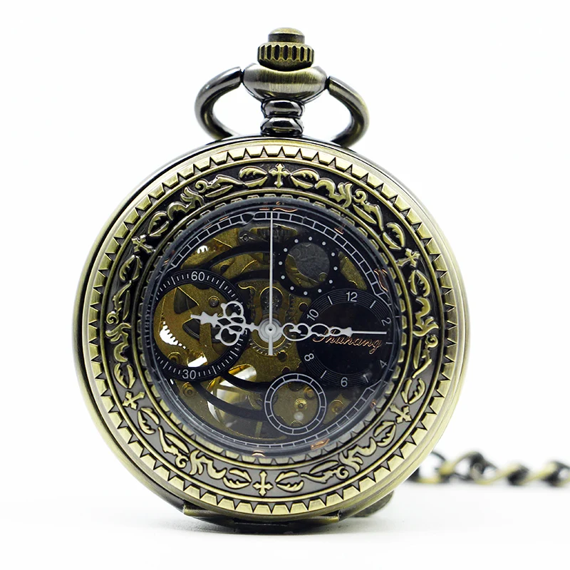 

Bronze Vintage Mechanical Pocket Watch Personality Transparent Glass Cover Pocket Watch Hand Wind Casual Fashion Fob Watches