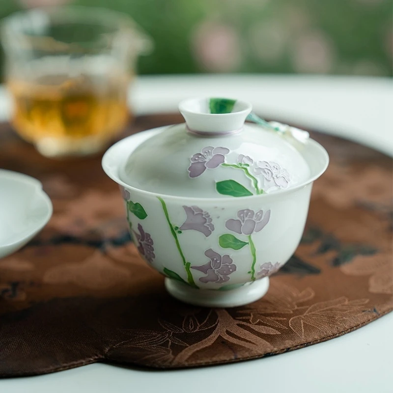 Hand Painted Lily Of The Valley Gaiwan Set For Tea Chinese Tureen White Tea Bowl Kung Fu Chawan Cups Lily Deng's Store