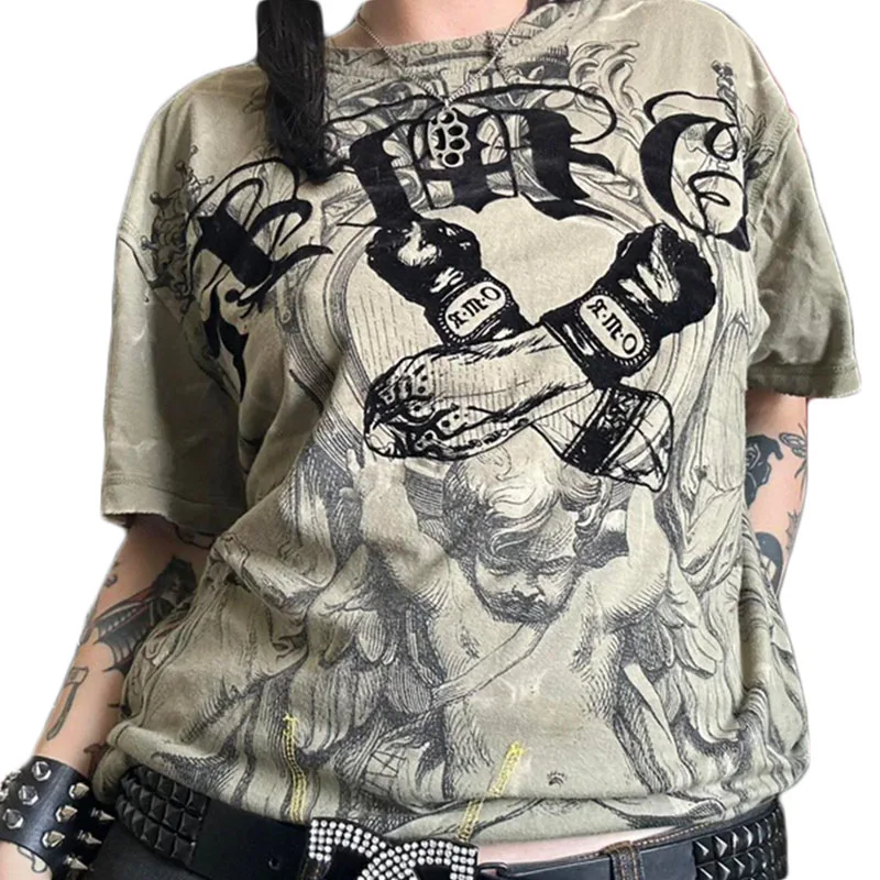 Camiseta Cyber Y2K de los años 2000 para mujer, con estampado de calavera, cuello redondo, manga corta, ropa estética para chicas E, ropa gótica para centro comercial, ropa urbana