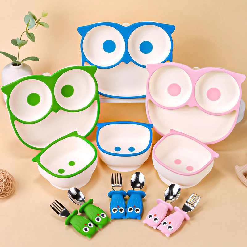 

4pcs/set Owl Baby Plate With Suction Baby Bowls And Plates With Suction Toddler Spoons And Fork Free BPA Baby Led Weaning Supply
