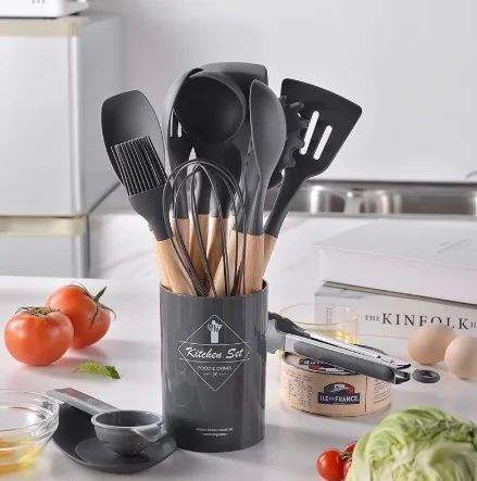 Silicone Colher Kit para Cozinha, BPA Antiferrugem, Madeira Conjunto de Utensílios De Cozinha, Jogo, 12 Peças photo review
