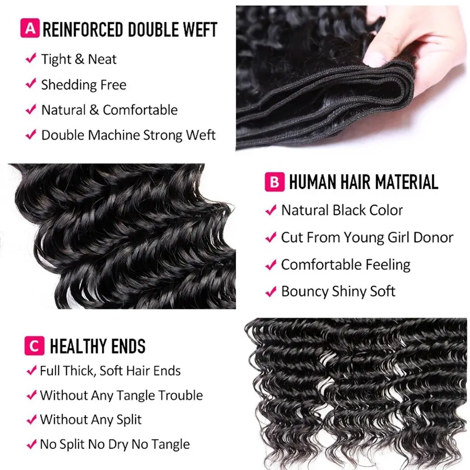 8-28 Inch Deep Wave Human Hair Bundles Double Weft Brazilian Hair Weave Bundles Natural Remy Extension