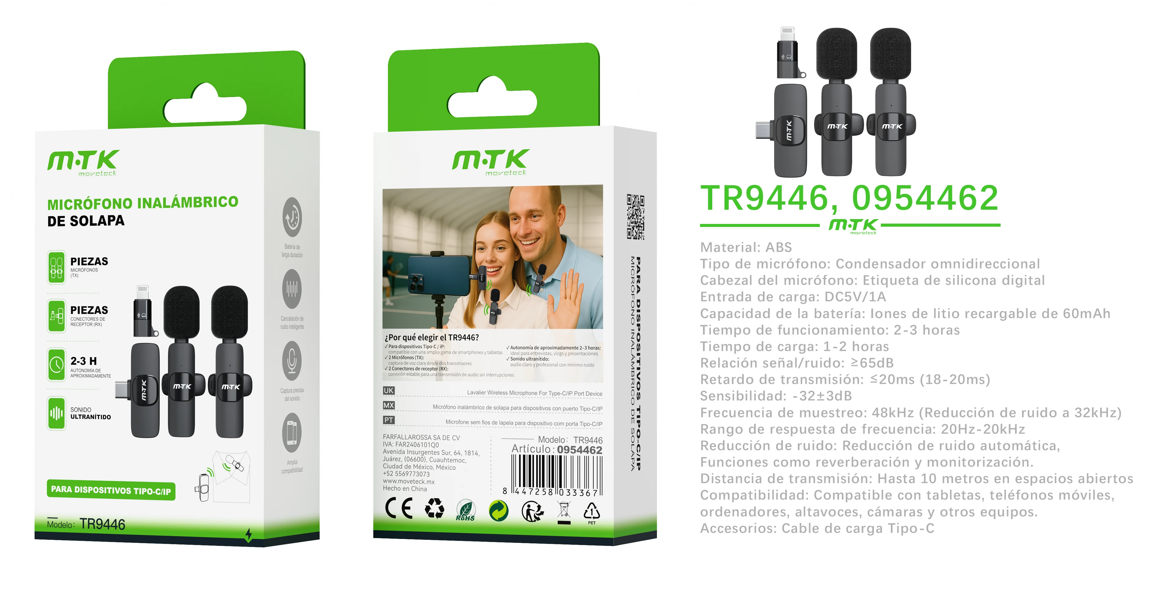 Micrófono Lavalier Inalámbrico de Solapa 2.4GHz, Plug & Play para Tipo-C y Lightning, Doble Micrófono con Receptor Dual, Reducción de Ruido Inteligente, Batería 60mAh (2-3h), Alcance 10m – Ideal para Entrevistas, Vlogs, Clases Online y Directos