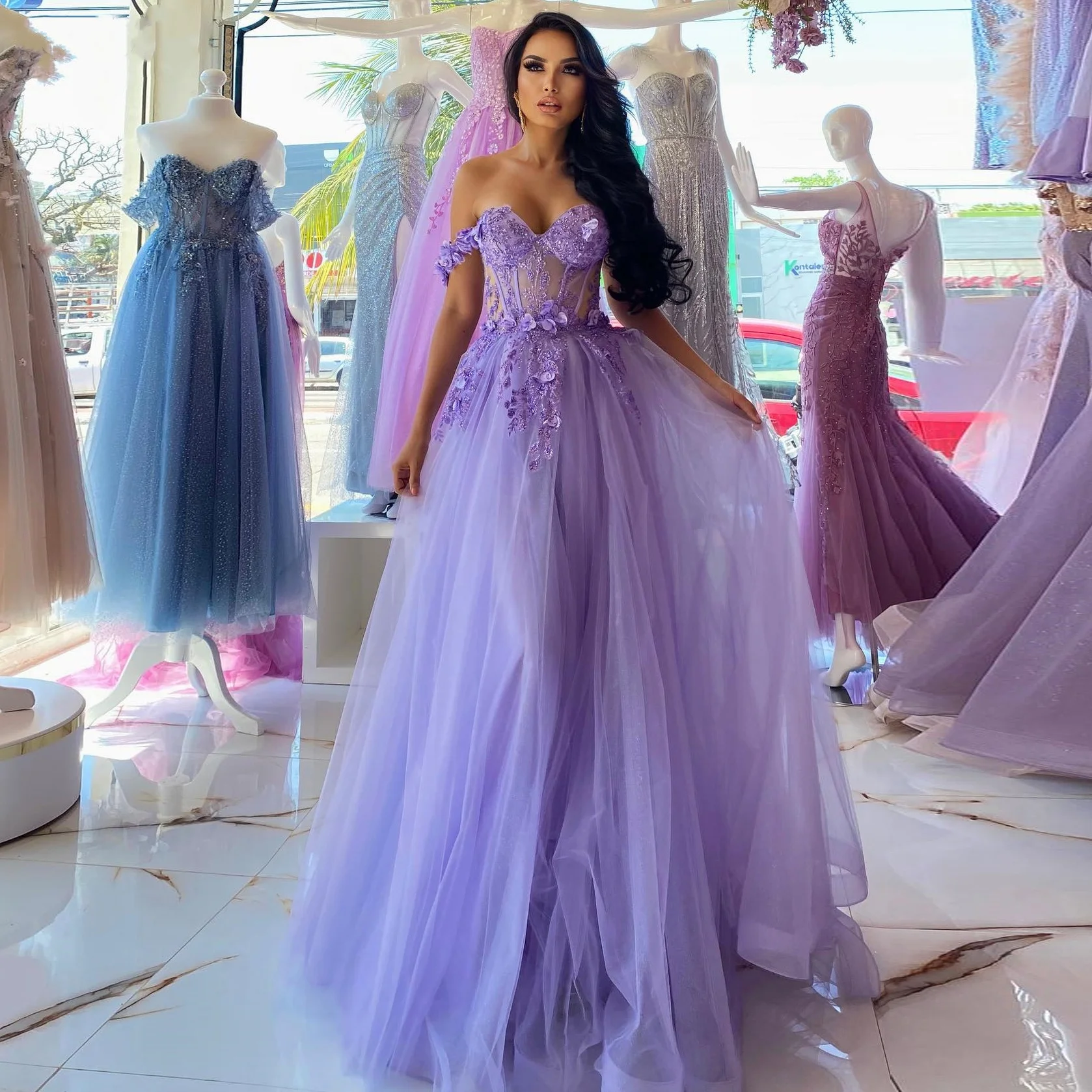 

Lilac Tulle Off the Shoulder Prom Dresses Sweetheart A-line 3D Flower Homecoming Dress Elegant Lace Up Ruched Party Gowns 2024