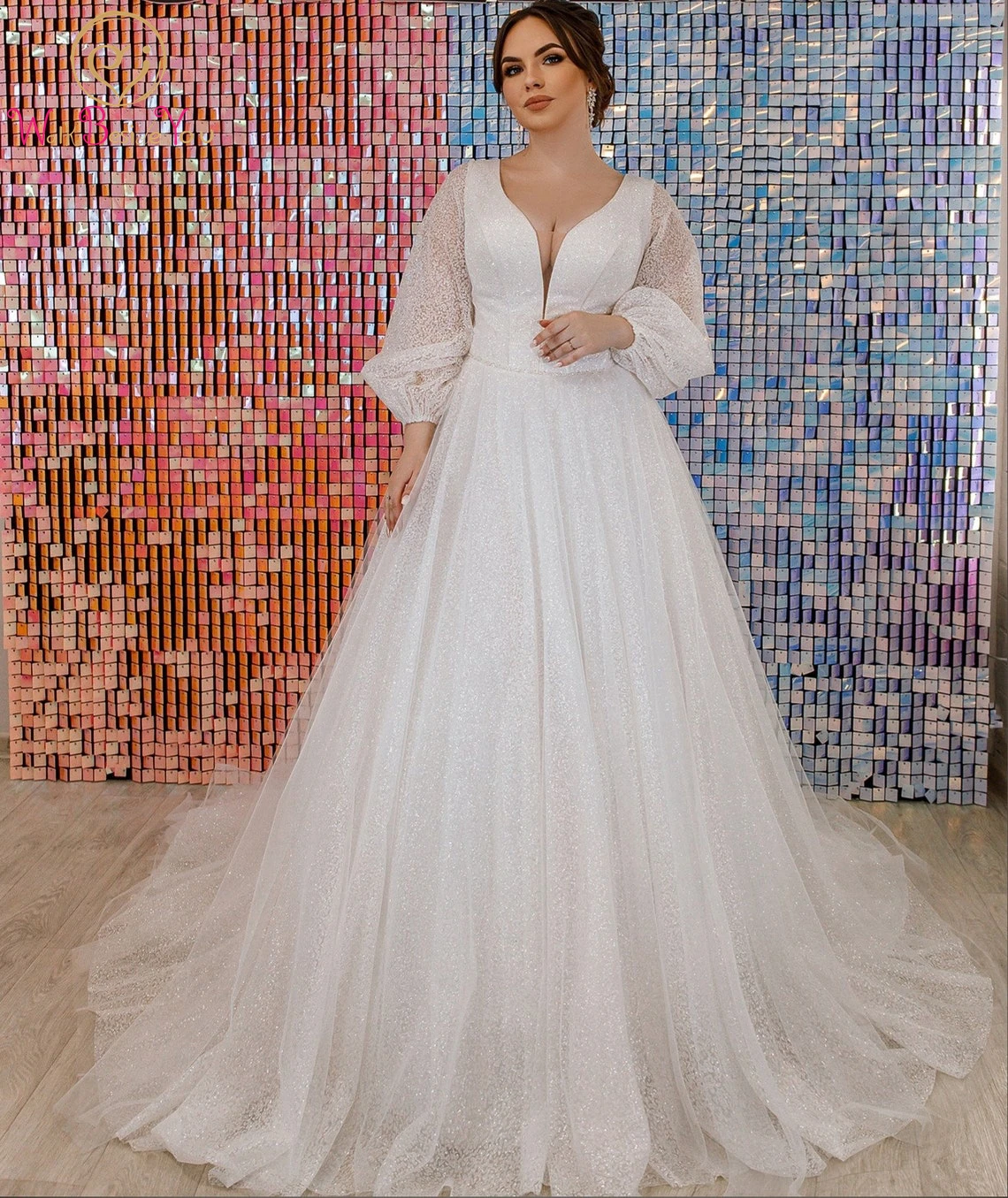 Plus Size Sparkling Glitter Wedding Dress with Long Sleeves Sexy Deep V ...