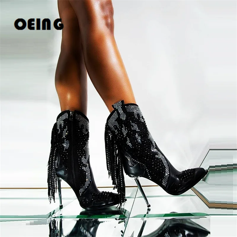 

2022 Autumn Winter Women Fringed Ankle Boots Sexy Pointy Toe Iron Stiletto Heels Leather Boots Western Cowgirl Botas De Mujer