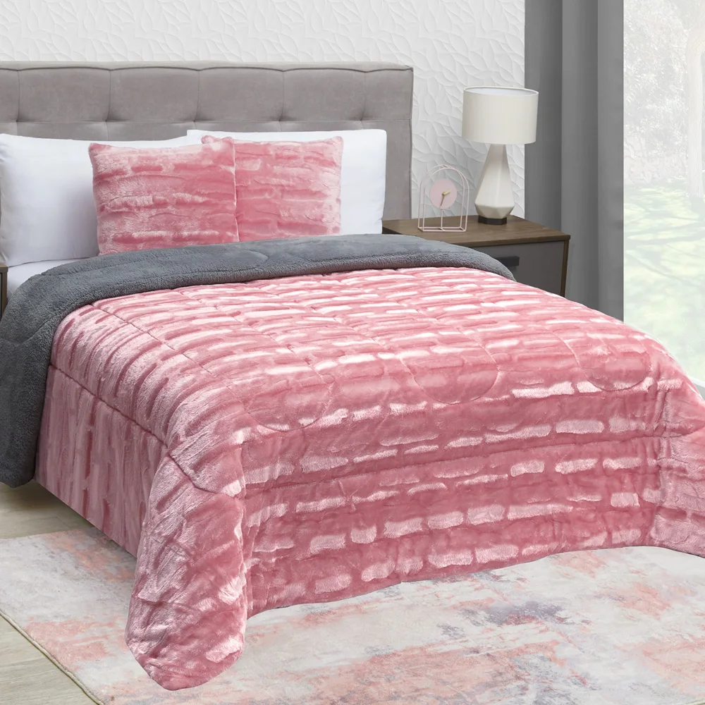 Cobertor Premium Mink Begonia (rosa con gris) doble vista, elegancia y abrigo inigualables, extra suave y con gran brillo, disponible Individual, matrimonial y king size Marca Elefantito Hogar