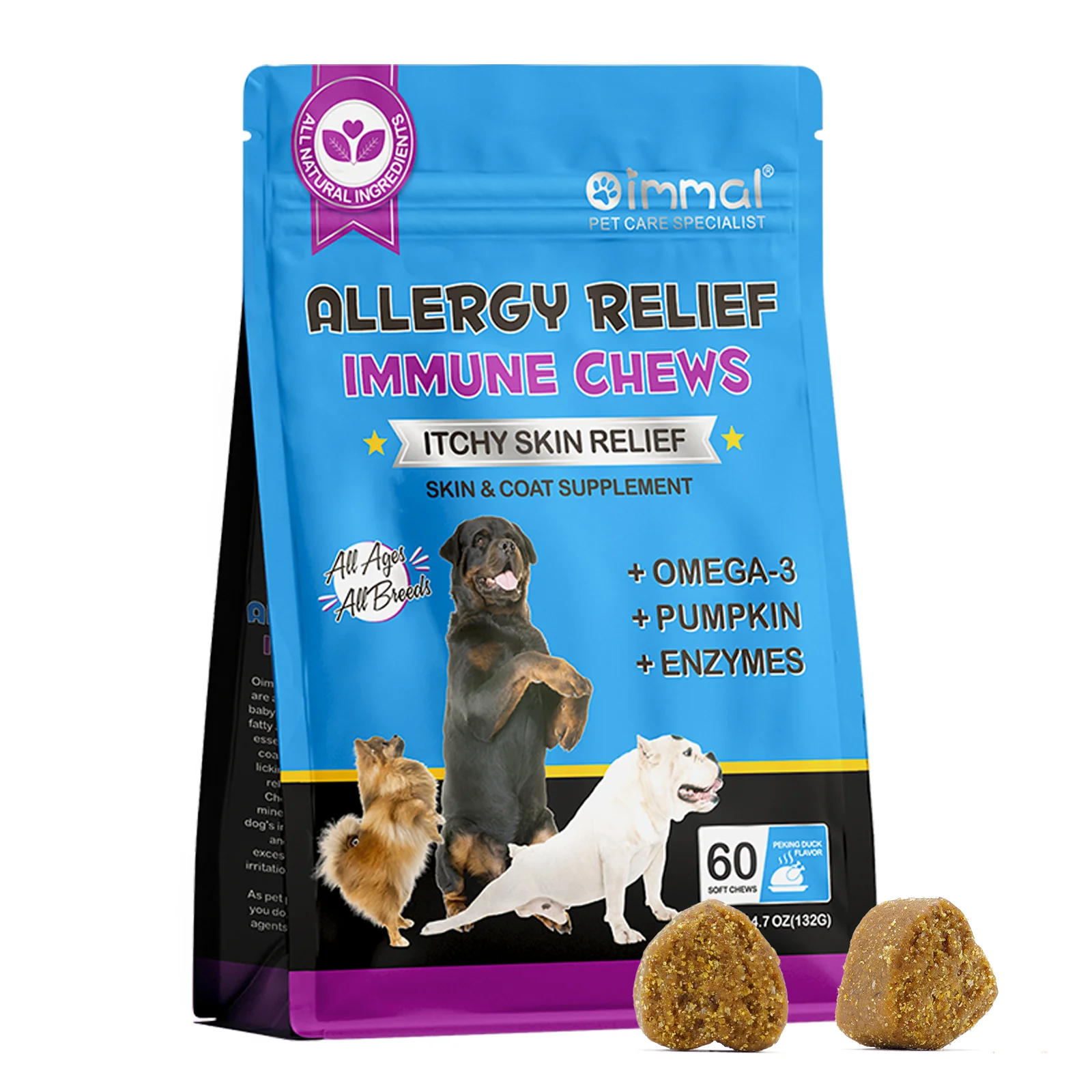 Dog Allergy Relief Chews Anti-Itch Skin & Coat Supplement Omega 3 60 Relief Treatment Pills Pumpkin Enzymes Peking Duck Flavor